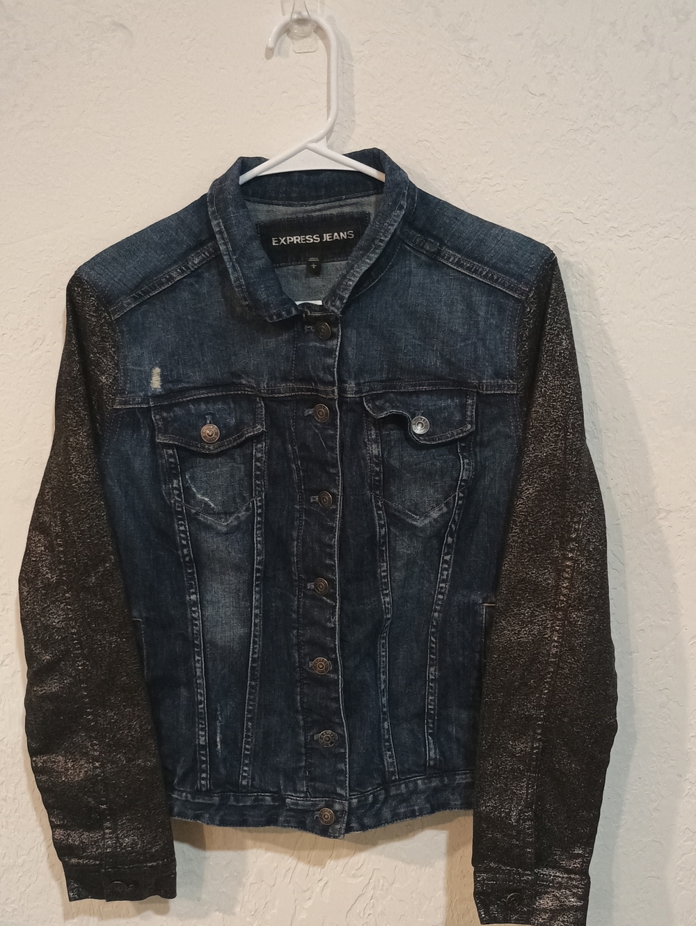 Express Dark Blue Denim Jacket with Metallic Black Contrast Sleeves